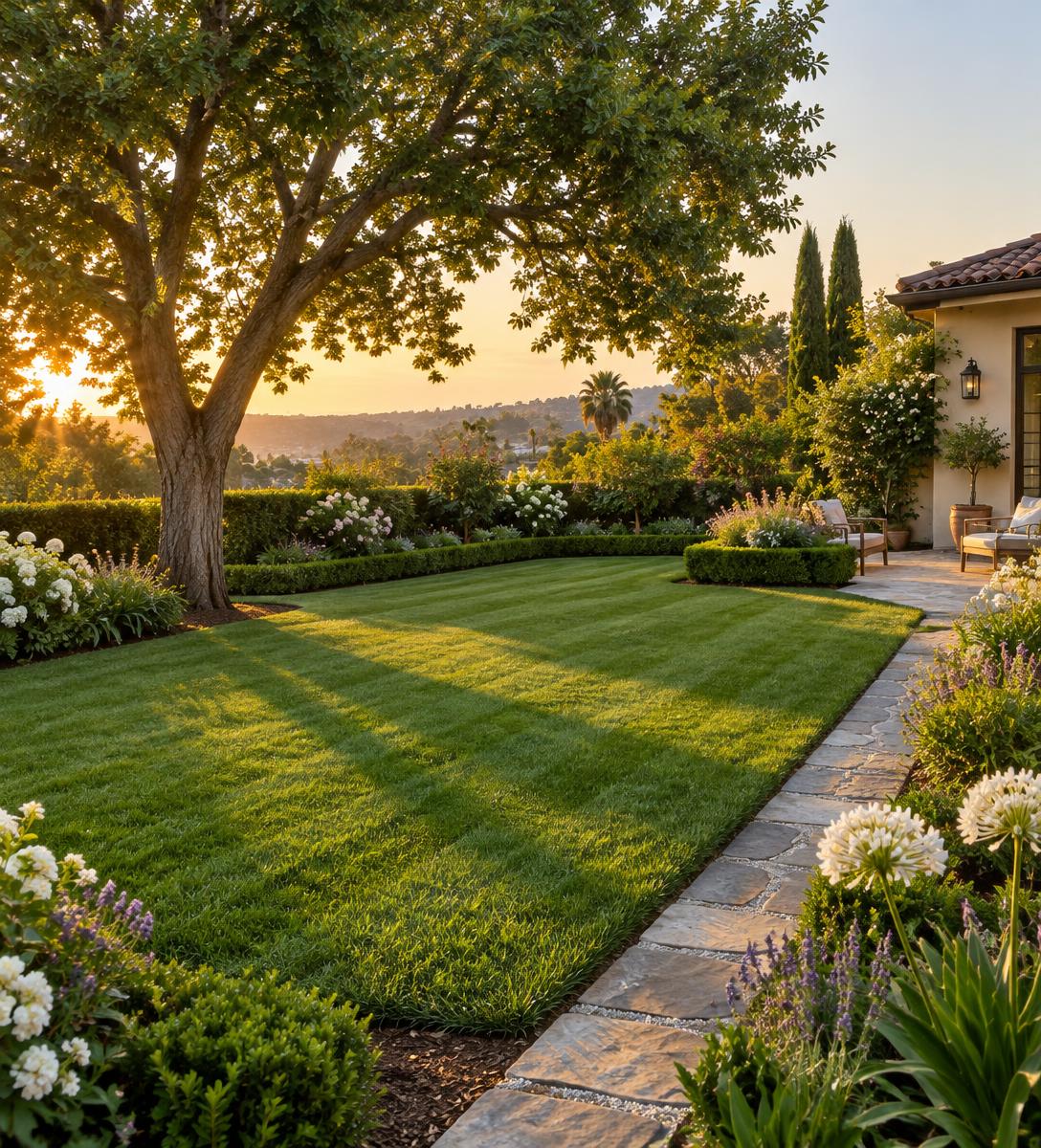Well-kept residential garden with lawn, hedges and a shade tree at sunset